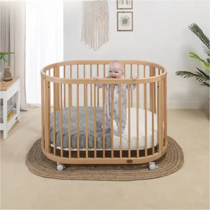 Lit Bébé Ovale Oasis Boori – Multifonctionnel 3 en 1, Bois Massif, Roulettes, 0-12 Ans