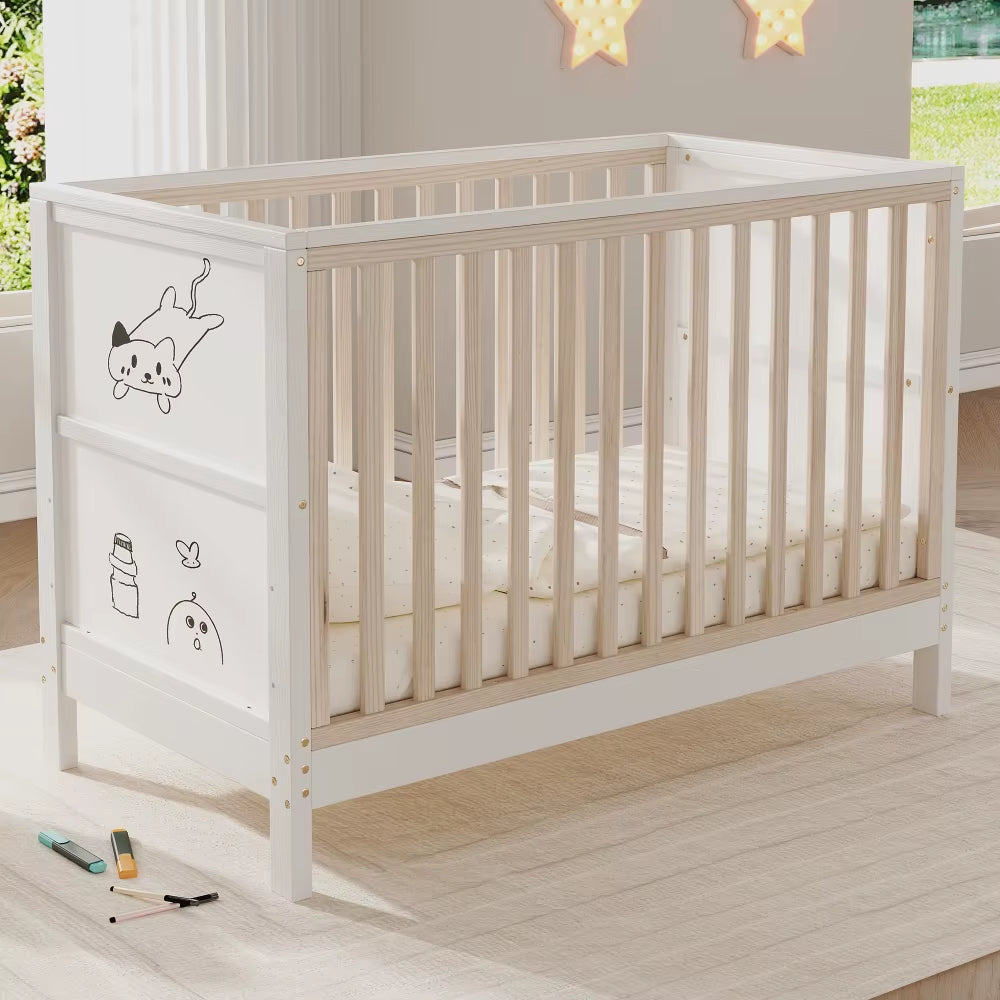 Lit bébé en pin massif avec panneaux à peindre – 120 x 60 cm, 3 hauteurs, convertible