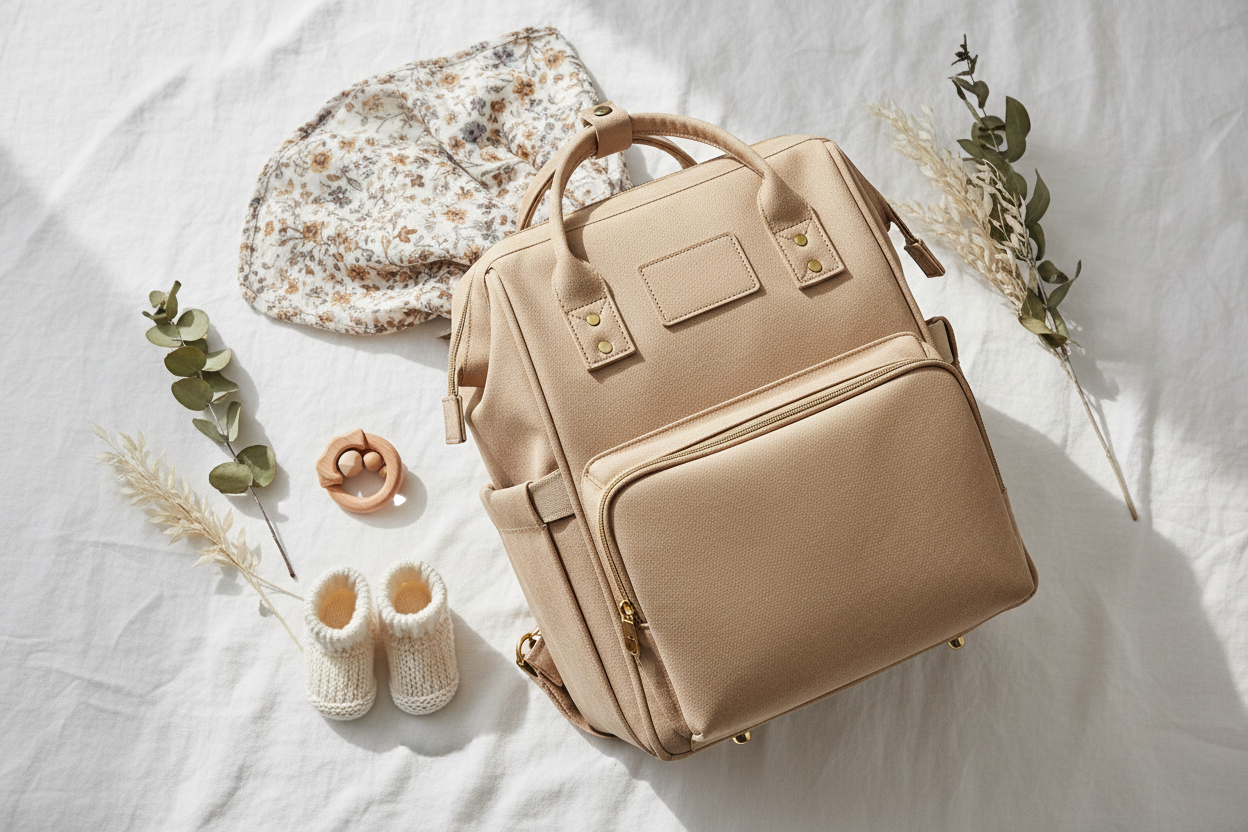 Sac à langer flat lay editorial