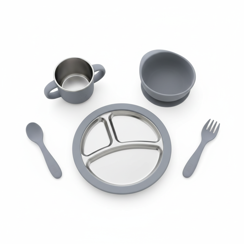 Set Vaisselle Bébé 5 Pièces Inox & Silicone – Bol Ventouse Sans BPA