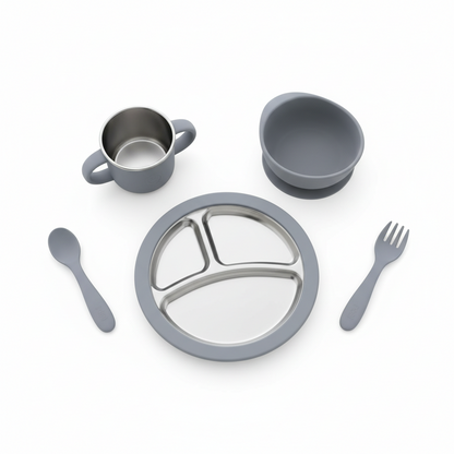 Set Vaisselle Bébé 5 Pièces Inox & Silicone – Bol Ventouse Sans BPA