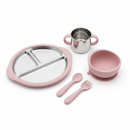 Set Vaisselle Bébé 5 Pièces Inox & Silicone – Bol Ventouse Sans BPA