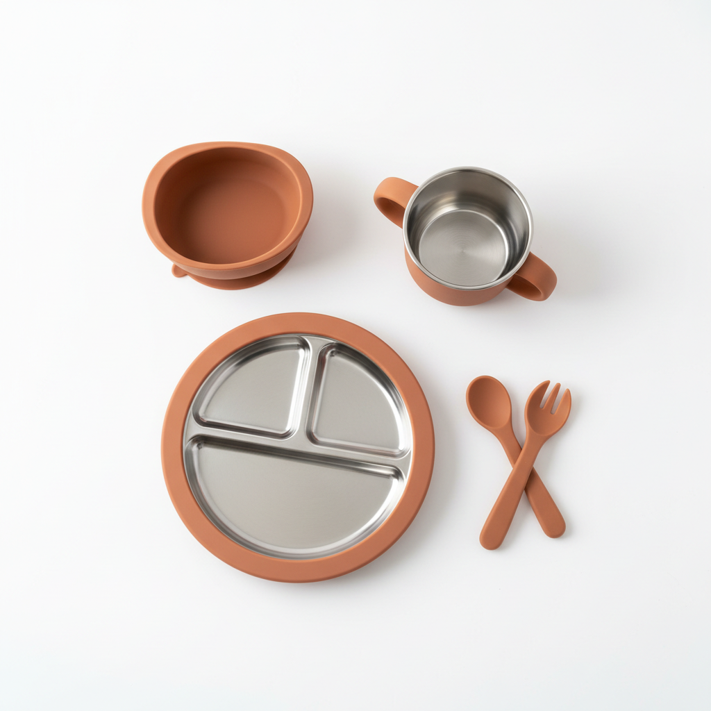 Set Vaisselle Bébé 5 Pièces Inox & Silicone – Bol Ventouse Sans BPA