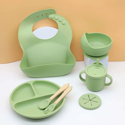 Ensemble Vaisselle Silicone Bébé 7 Pièces – Bavoir, Bol Ventouse, Tasse & Couverts