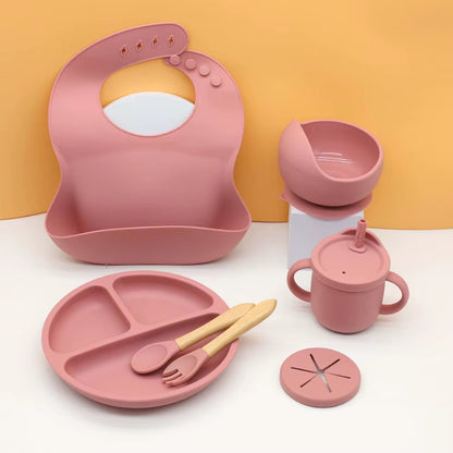 Ensemble Vaisselle Silicone Bébé 7 Pièces – Bavoir, Bol Ventouse, Tasse & Couverts